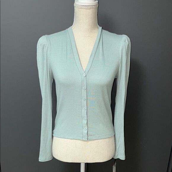 7 for all Mankind Mint green button front puff sleeve top - Picture 1 of 3